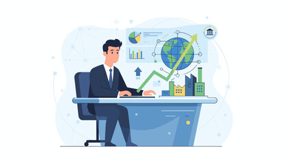Dynamic illustration of a businessman in a suit analyzing global financial investment strategies, with charts, graphs, and a rising arrow indicating growth and economic progress, set against a