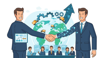Two businessmen shaking hands in front of a globe with trucks and gears, symbolizing global business success, investment, and international trade deals, with a team working in the background and a