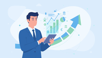 Modern businessman in a blue suit holding a tablet, analyzing financial charts and graphs with an upward trending arrow, symbolizing business growth and economic success, presented in a clean, flat