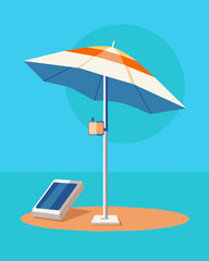 Fototapeta premium A sleek and modern beach umbrella complete with a discrete solar charger keeping your devices charged while you lounge by the ocean and enjoy the warm sun.. Vector illustration