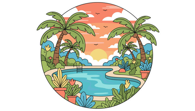 Vibrant illustration of a tropical swimming pool scene at sunset, featuring lush palm trees, colorful potted plants, and a serene body of water, evoking a sense of vacation and relaxation in a