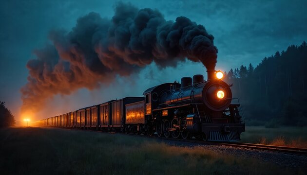 Old steam engine train pulls freight cars at night. Locomotive moves along rail tracks with smoke billowing into air. Cargo train moves through dark scenic land.