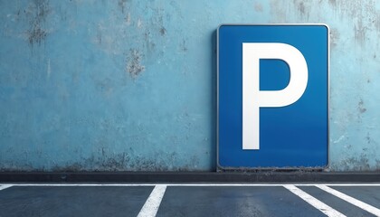 Parking sign illustration featuring blue background with white P letter symbol. Graphic element for driving, transportation concept. Suitable for urban planning, vehicle regulation projects. Design