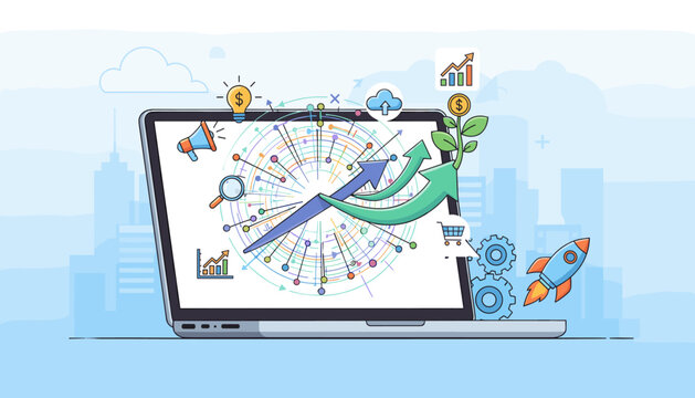 Digital marketing strategy presentation on a laptop screen showing growth charts, upward arrows, lightbulb idea, megaphone, magnifying glass, cloud upload, shopping cart, gears, and rocket launch