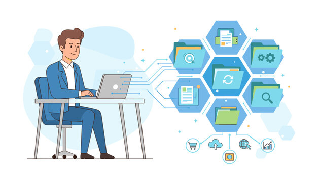 Modern businessman in a blue suit working on a laptop, connected to a digital network of hexagonal folders representing a document management system, illustrating data organization, cloud storage