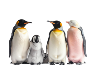 A family of king penguins and a chick against a black background