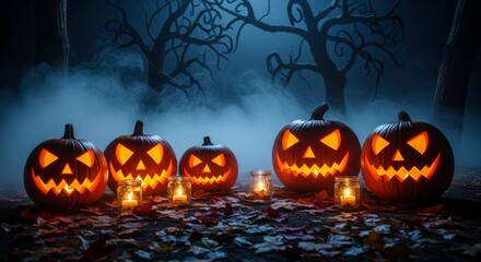 Spooky Halloween scene with carved pumpkins glowing in foggy night, candles, autumn leaves, eerie forest background, cinematic lighting