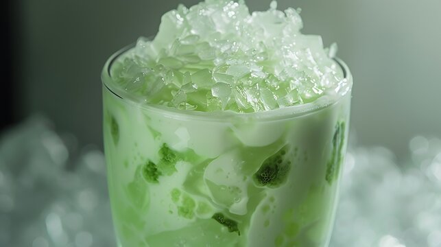A refreshing glass of buko pandan drink with ice cubes and green jelly on a blurred background