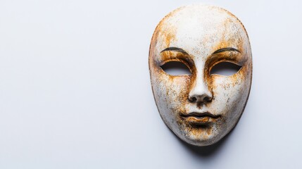 Unique decorative mask with weathered texture displayed on a plain background for artistic appreciation