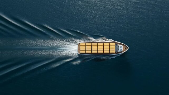 Aerial view of a speedboat carrying cargo in the sea, a top-down perspective, a bird's-eye view, isolated on a dark blue background, suitable for a banner design, with ample space for copy.