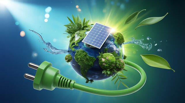 Green energy concept with earth globe, solar panel, plug, and leaves, symbolizing ecofriendly power