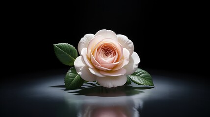 Closeup of a delicate pink rose blossom with green leaves on a dark reflective surface in spotlight