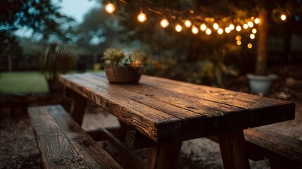 Rustic wooden picnic table and bench illuminated by warm string lights outdoors in the evening