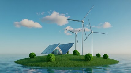 Island with solar panels and wind turbines in the middle of the ocean, showcasing renewable energy sources
