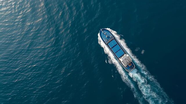 Drone view of a speedboat on the sea, top-down perspective, isolated on a dark blue background. aerial shot of a cargo ship sailing in the open ocean. top-down aerial drone photo with copy space. 