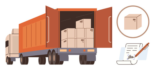 Freight truck unloading boxes, a magnified package depiction, and signed shipping paperwork. Ideal for logistics, transportation, delivery service, e-commerce, supply chain, warehousing global