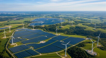 Aerial view of a large solar farm and wind turbines generating renewable energy on a vast landscape.