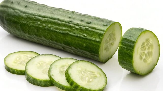 english cucumber and slices isolated on white background video