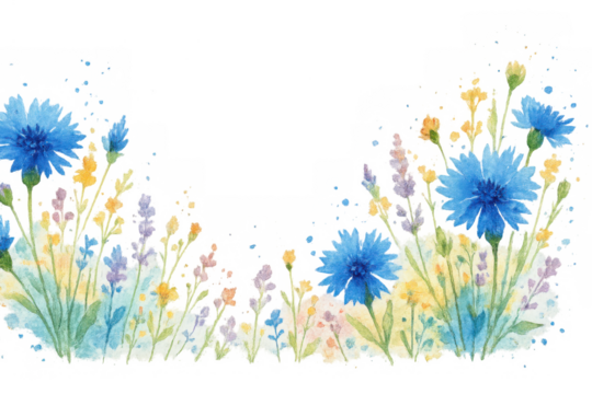 Watercolor cornflower border with wildflowers and lavender, artistic floral design with blue and yellow plants, transparent background