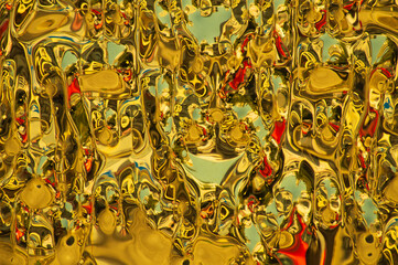 Fototapeta premium Abstract golden metallic texture with liquid reflections and red accents, ideal for luxury backgrounds, design, and art concepts.
