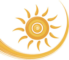 Fototapeta premium Bright yellow sun clip art illustration summer sunshine design element with spiral center
