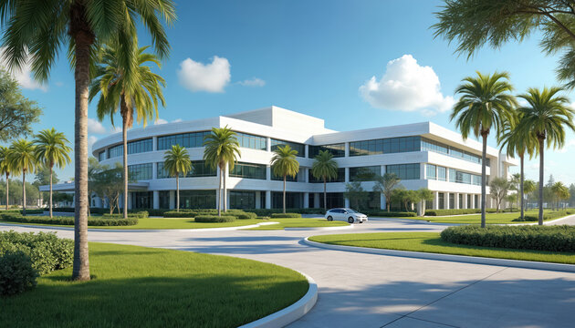 Modern medical center building exterior with palm trees on sunny day. Healthcare facility glass windows, green lawn, driveway. White hospital architecture for patient treatment, wellness services in - Powered by Adobe