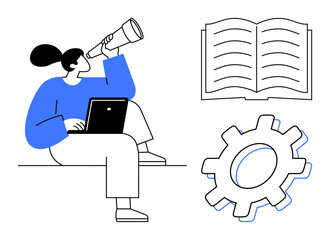 Woman holding telescope seated with a laptop, open book, and gear. Ideal for exploration, learning, innovation, research, planning technology teamwork. Simple flat metaphor
