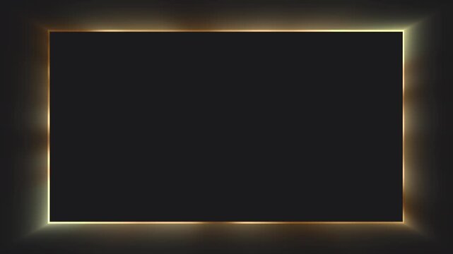 Dark gray background with a rectangular golden glowing frame, there is an empty space in the middle.