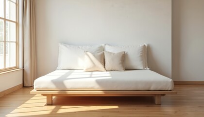 White futon mattress on wooden platform in minimalist bedroom. Simple bed design. Natural light from window. White pillows. Wooden floor. Cozy home decor. Modern interior design. Tranquil atmosphere.