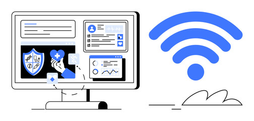 Computer screen displaying digital health applications, graphs, user profiles, and medical icons alongside a large wireless signal. Ideal for telemedicine, technology, healthcare innovation, online