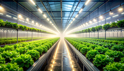 Obraz premium Inside a Modern Greenhouse: Rows of thriving lettuce plants bask in the soft glow of futuristic lighting, symbolizing the cutting edge of sustainable agriculture and food production.