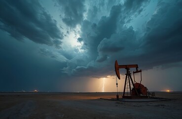 Oil pumpjack stands in arid landscape under stormy sky. Powerful lightning strikes near the industrial machine. Energy extraction at the oilfield. Dramatic weather over an industry site.