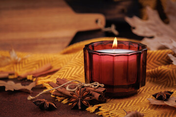 Red glass candle on yellow herringbone fabric with cinnamon, star anise and dry autumn leaves