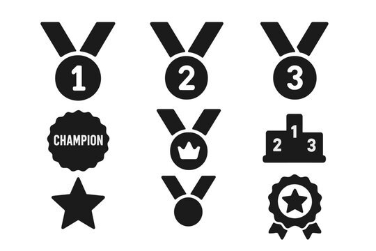 Winner Medals Icons. Solid style icons of Winner medals: 1st place medal, 2nd place medal, 3rd place medal, champion badge, winner