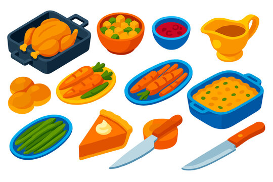 Thanksgiving Feast Icons. Isometric vector illustration set cooking themes: roasting pan, turkey, stuffing bowl, cranberry sauce,