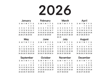 Minimalist 2026 Yearly Calendar Template