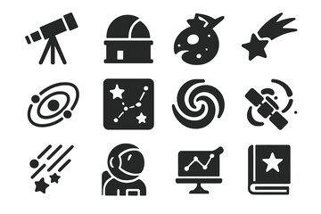 Astronomy Icons Collection. Solid style icons of Astronomy: telescope, observatory dome, shooting star, planetary orbit, star