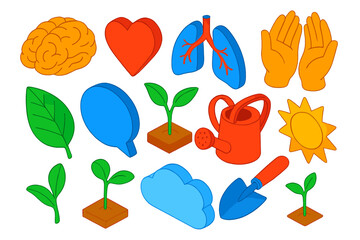 Naklejka premium Wellness Icons Set. Isometric vector illustration set Wellness and Communication: brain, heart, breathing lungs, hands, leaf,