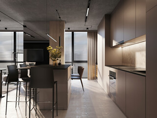 Modern kitchen with stylish cabinetry, high-end appliances, and a minimalist design, featuring natural light and contemporary furnishings.