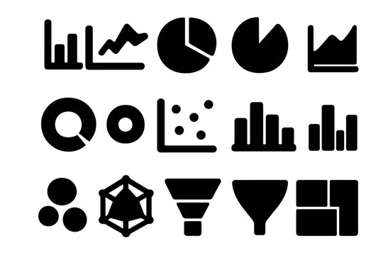 Solid Chart Icons. Solid style icons of Charts: bar chart, line graph, pie chart, area chart, donut chart, scatter plot, stacked