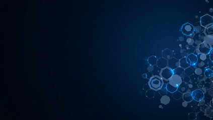 Cluster of glowing blue and grey hexagons and geometric shapes on a dark blue background with copy space