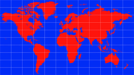 A minimalist world map, with the continents highlighted in red against a vibrant blue backdrop of oceans. A white coordinate grid lends a rigorous, scientific feel to the image.