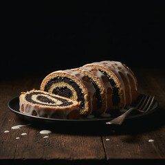 Delicious poppy seed roll cake with icing on a dark background