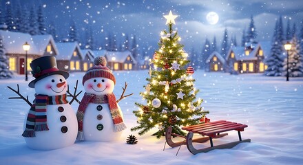 Enchanting Winter Village Scene: Snowmen Adorned in Hats and Scarves, Sparkling Tree with Ornaments, Wooden Sled, Snowy Landscape, and Tranquil Moonlight, Evoking a Sense of Cozy Serenity