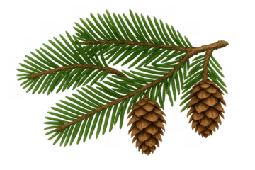 Pine branch with pinecones, evergreen conifer for winter holidays and christmas decor, transparent background