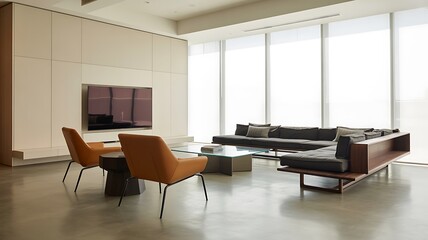 Modern living room with comfortable seating and large windows creating a bright and airy atmosphere for relaxation and entertainment