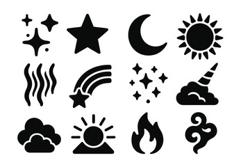 Fototapeta premium Magic Fantasy Icons. Solid style icons of Magic and fantasy elements: sparkles, stars, moon, sun, magical aura, rainbow trail,