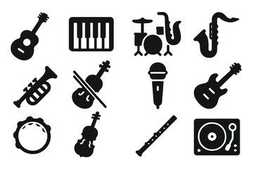 Obraz premium Music Instrument Icons. Solid style icons of music instruments: acoustic guitar, piano keyboard, drum set, saxophone, trumpet,