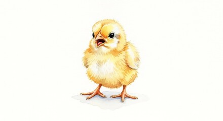 Obraz premium Watercolor illustration of a fluffy yellow chick standing on a white background, looking directly at the viewer.