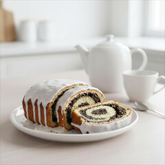 Delicious poppy seed roll cake with icing and tea set